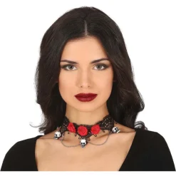 Gargantilla con Calaveras y Rosas Rojas