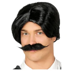 Peluca Años 80 Negra con Bigote