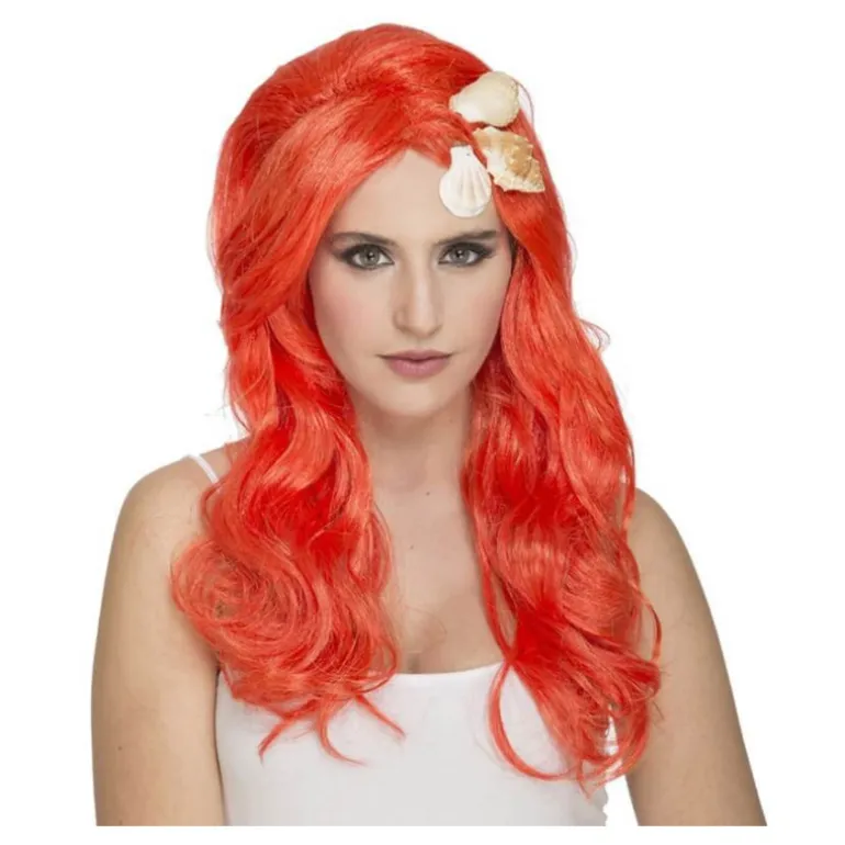 Peluca de Sirenita Naranja con conchas marinas