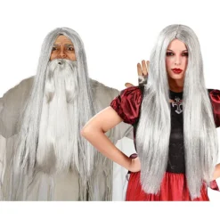 Peluca larga de Bruja o Brujo gris para Halloween